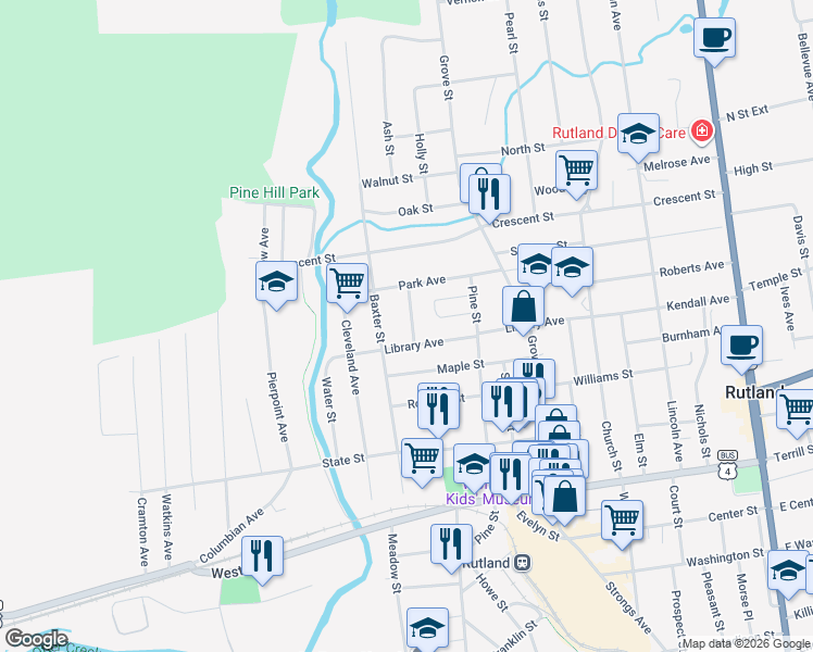 map of restaurants, bars, coffee shops, grocery stores, and more near 70 Baxter Street in Rutland