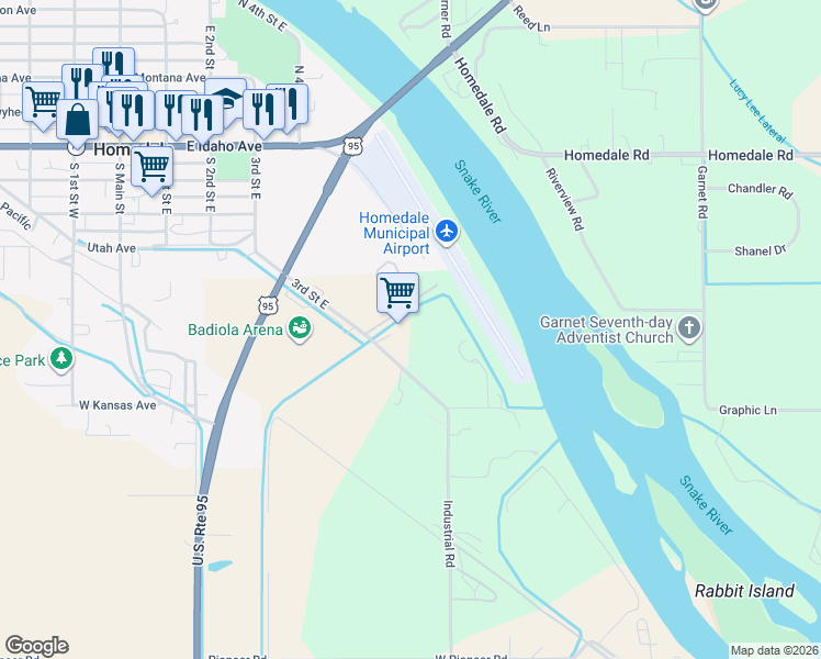 map of restaurants, bars, coffee shops, grocery stores, and more near Industrial Road in Homedale