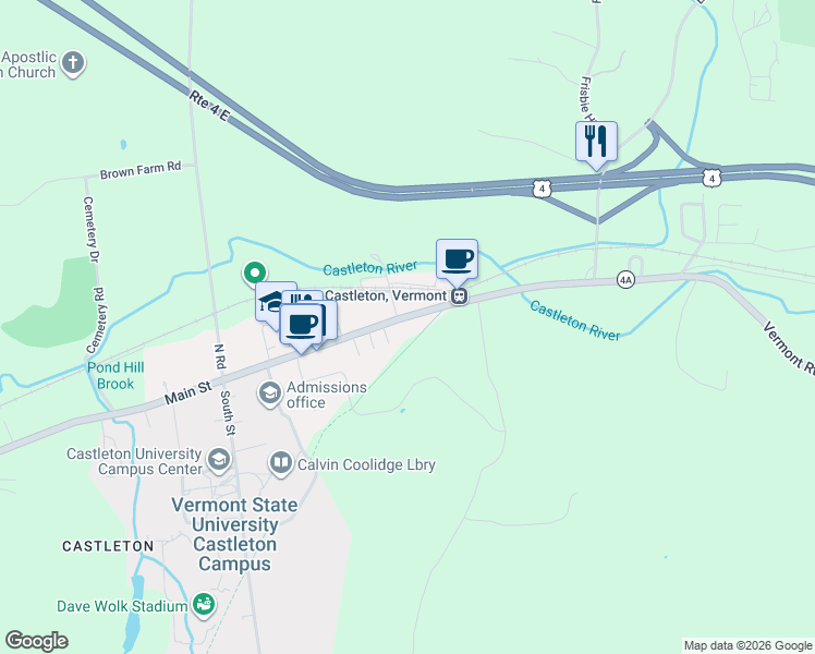map of restaurants, bars, coffee shops, grocery stores, and more near 387 Main Street in Castleton