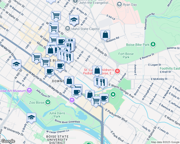 map of restaurants, bars, coffee shops, grocery stores, and more near 141 West Idaho Street in Boise