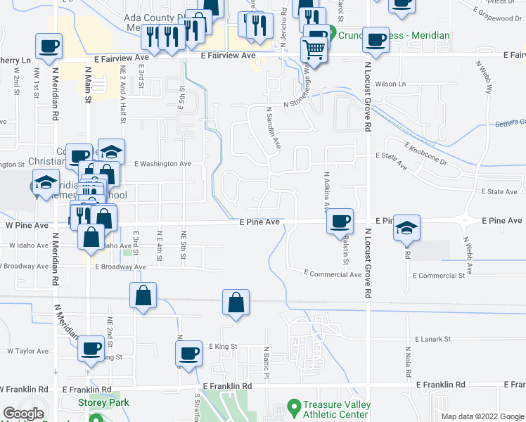 map of restaurants, bars, coffee shops, grocery stores, and more near 893 East Bissett Street in Meridian
