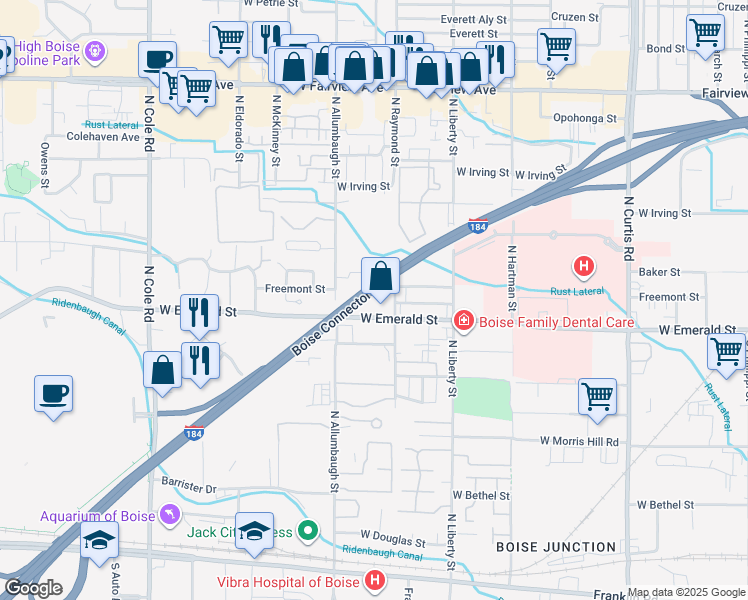 map of restaurants, bars, coffee shops, grocery stores, and more near 6650 West Emerald Street in Boise