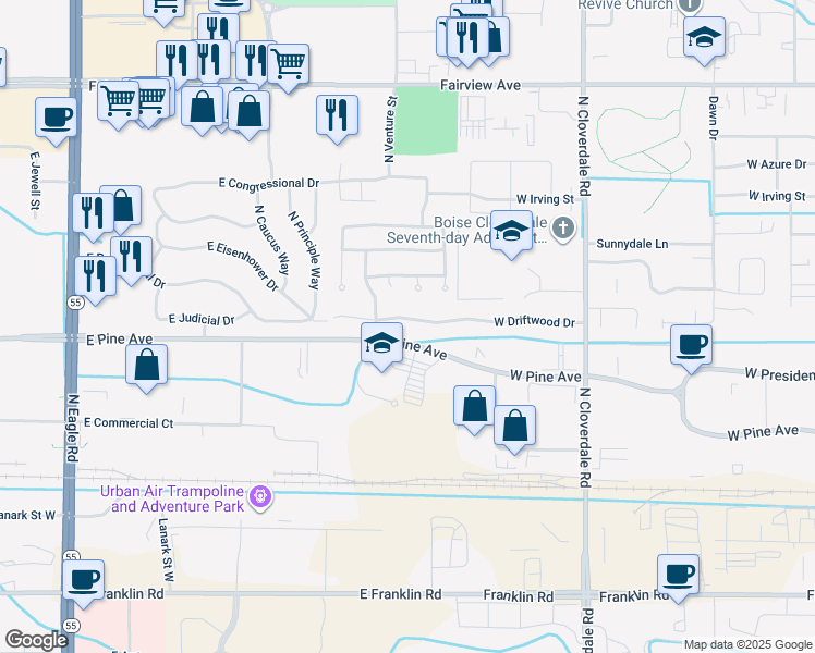 map of restaurants, bars, coffee shops, grocery stores, and more near 4243 East Driftwood Drive in Meridian