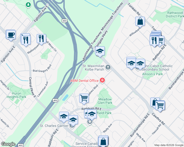 map of restaurants, bars, coffee shops, grocery stores, and more near 4316 Wilcox Road in Mississauga