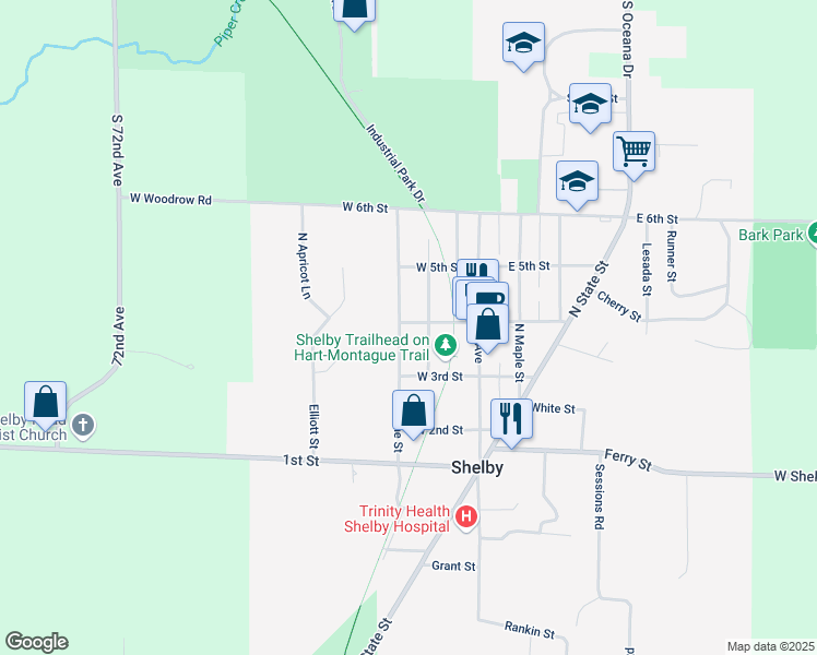 map of restaurants, bars, coffee shops, grocery stores, and more near 242 Pine Street in Shelby