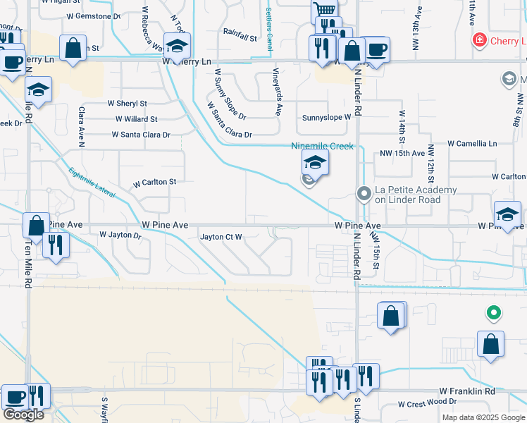 map of restaurants, bars, coffee shops, grocery stores, and more near 2064 West Pine Avenue in Meridian