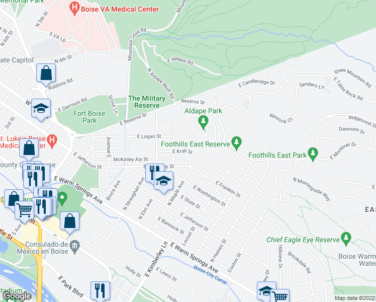 map of restaurants, bars, coffee shops, grocery stores, and more near 1042 East Krall Street in Boise