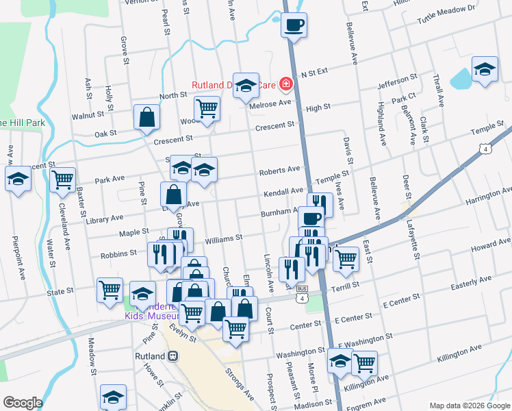 map of restaurants, bars, coffee shops, grocery stores, and more near 57 Lincoln Ave in Rutland