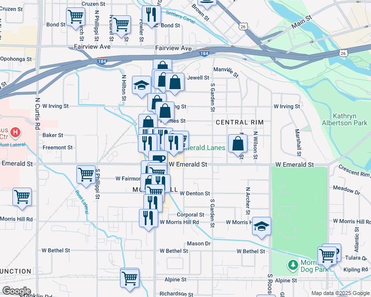 map of restaurants, bars, coffee shops, grocery stores, and more near 4734 Freemont Street in Boise