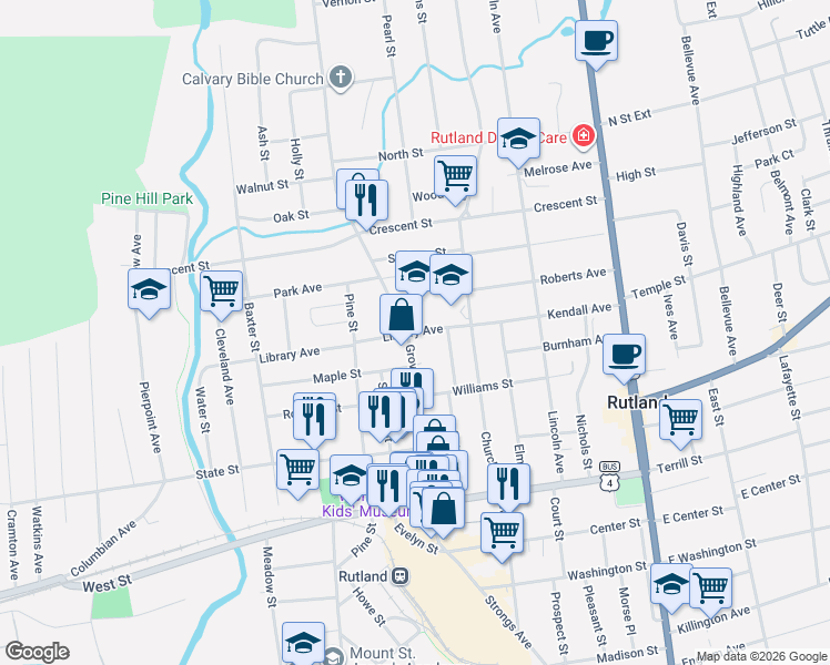 map of restaurants, bars, coffee shops, grocery stores, and more near 96 Grove Street in Rutland