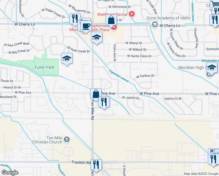 map of restaurants, bars, coffee shops, grocery stores, and more near 3032 North Brandywine Lane in Meridian