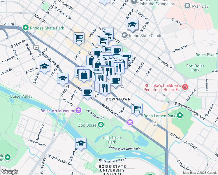 map of restaurants, bars, coffee shops, grocery stores, and more near 502 West Front Street in Boise