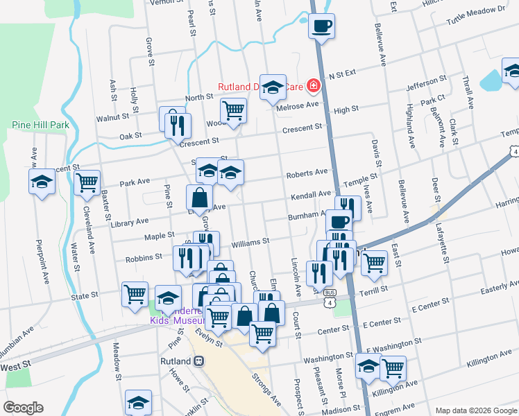 map of restaurants, bars, coffee shops, grocery stores, and more near 48 Kendall Avenue in Rutland
