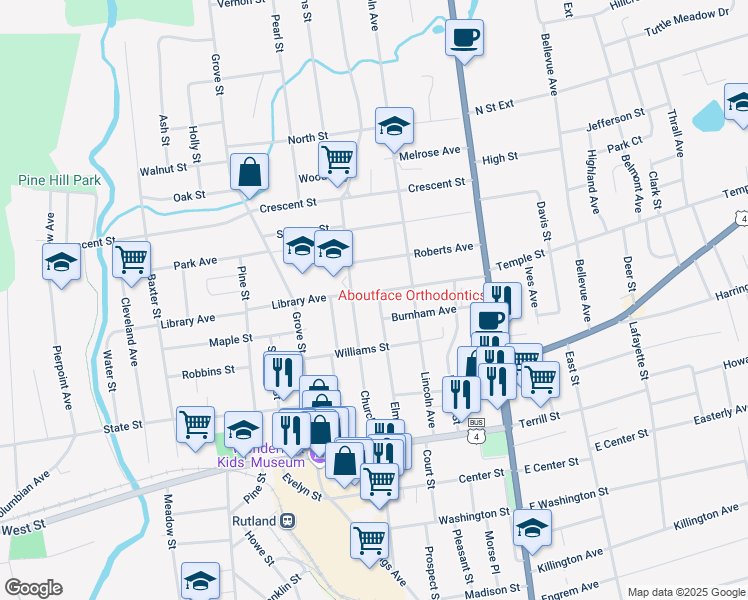 map of restaurants, bars, coffee shops, grocery stores, and more near 48 Kendall Avenue in Rutland
