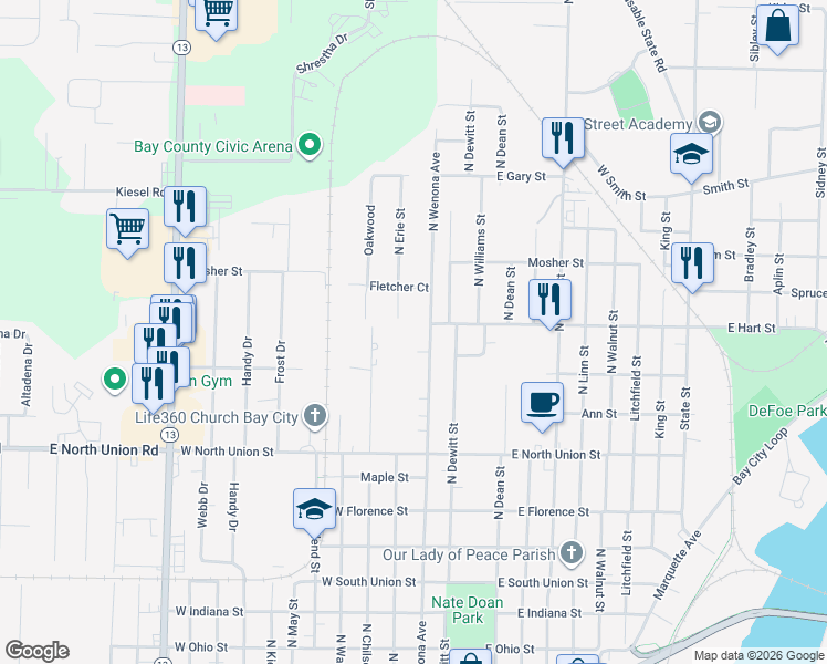 map of restaurants, bars, coffee shops, grocery stores, and more near 1011 North Wenona Avenue in Bay City