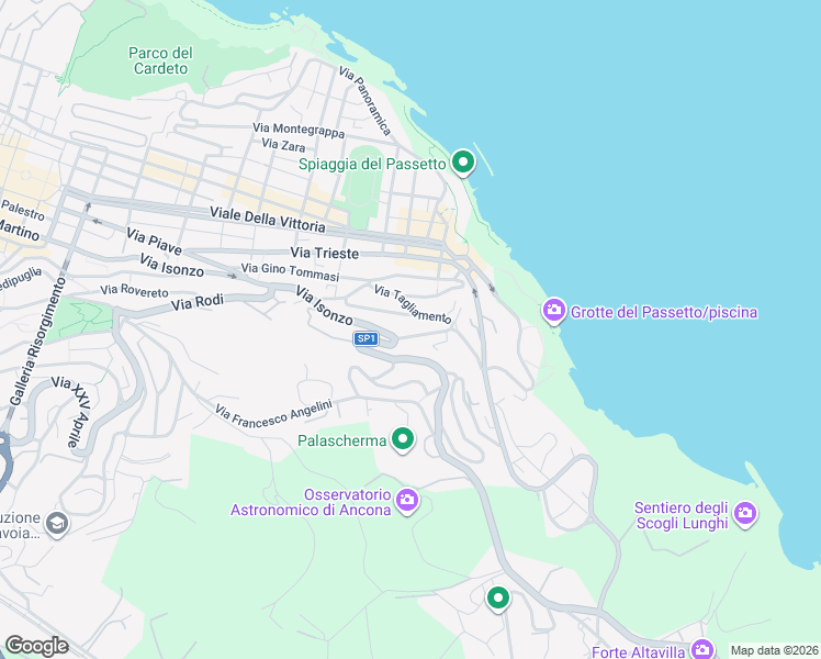 map of restaurants, bars, coffee shops, grocery stores, and more near 30 Via Tagliamento in Ancona