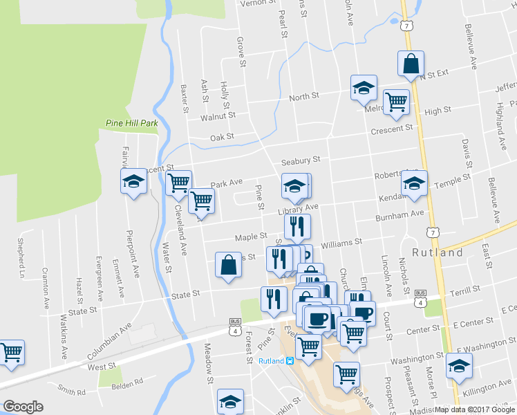 map of restaurants, bars, coffee shops, grocery stores, and more near 67 Pine Street in Rutland