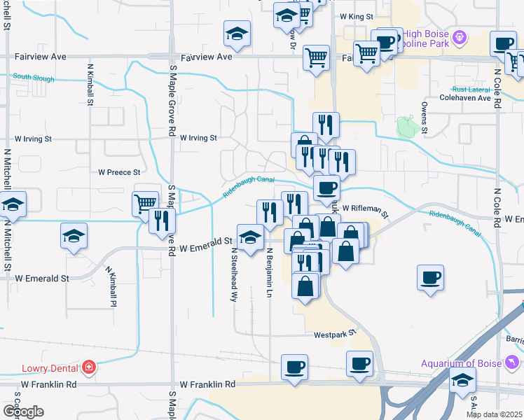 map of restaurants, bars, coffee shops, grocery stores, and more near 8559 West Rifleman Drive in Boise
