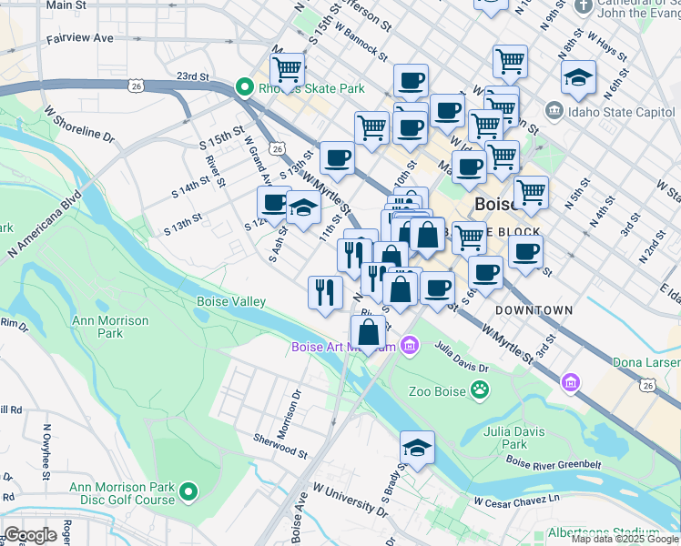 map of restaurants, bars, coffee shops, grocery stores, and more near 914 Lee Street in Boise