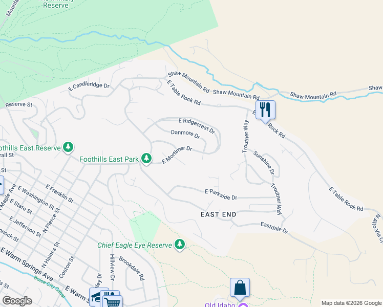 map of restaurants, bars, coffee shops, grocery stores, and more near 2017 East Mortimer Drive in Boise