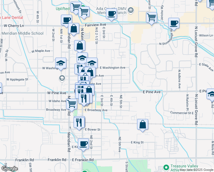 map of restaurants, bars, coffee shops, grocery stores, and more near 323 East State Avenue in Meridian