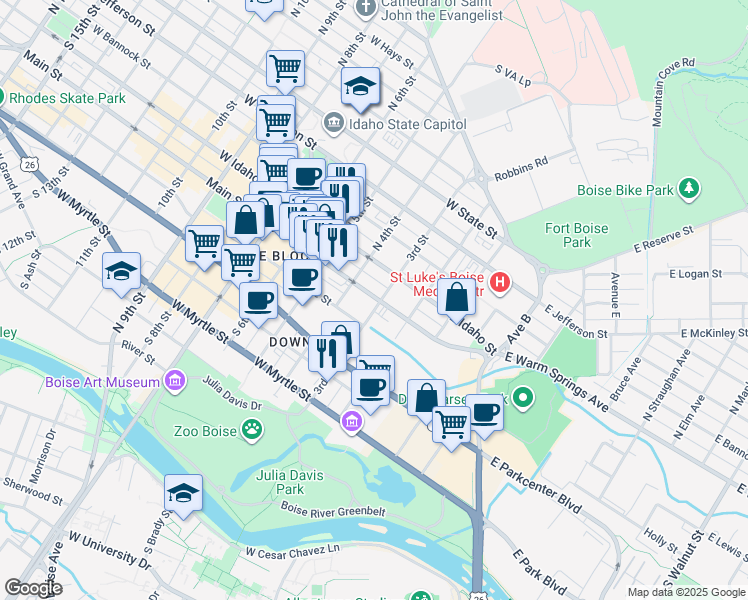 map of restaurants, bars, coffee shops, grocery stores, and more near in Boise