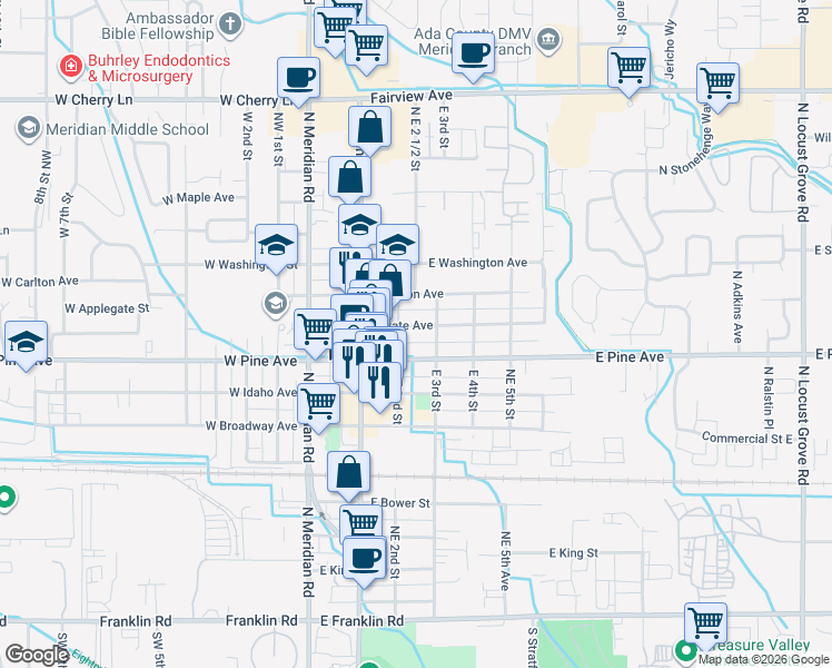 map of restaurants, bars, coffee shops, grocery stores, and more near 221 East State Avenue in Meridian