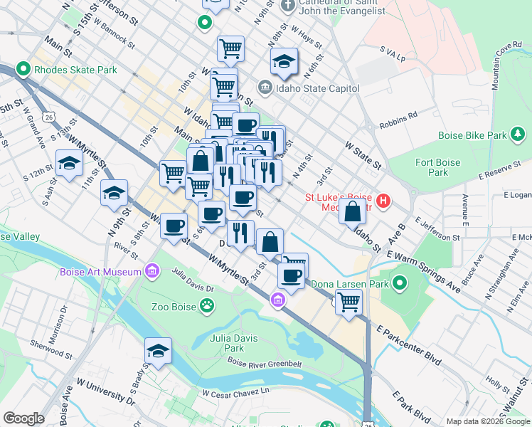 map of restaurants, bars, coffee shops, grocery stores, and more near 352w West Grove Street in Boise