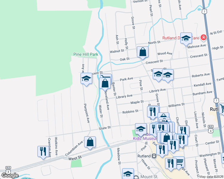 map of restaurants, bars, coffee shops, grocery stores, and more near 82 Cleveland Avenue in Rutland