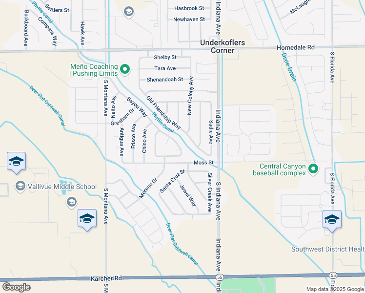 map of restaurants, bars, coffee shops, grocery stores, and more near 16562 Bayou Way in Caldwell