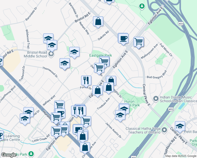 map of restaurants, bars, coffee shops, grocery stores, and more near 5020 Delaware Drive in Mississauga