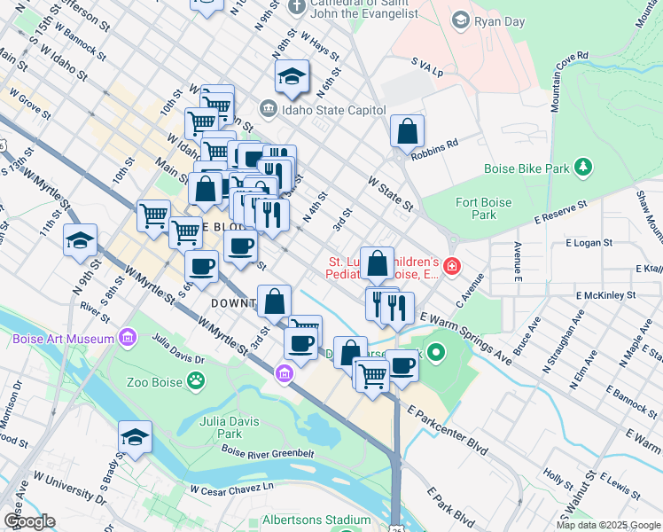 map of restaurants, bars, coffee shops, grocery stores, and more near 210 Main Street in Boise