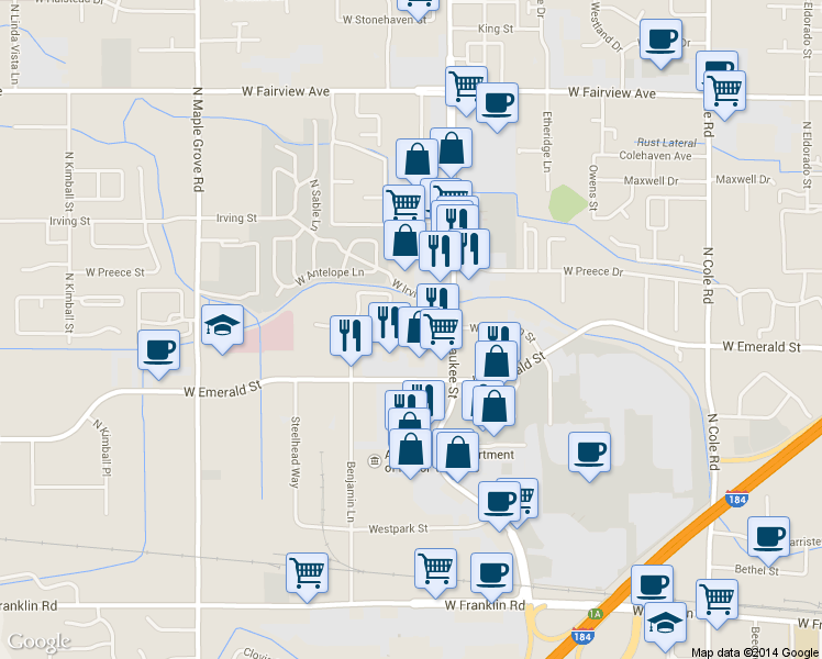 map of restaurants, bars, coffee shops, grocery stores, and more near 10031 West Rifleman Drive in Boise