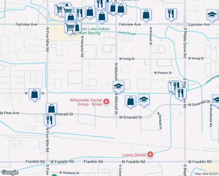 map of restaurants, bars, coffee shops, grocery stores, and more near 9907 West Mesquite Court in Boise
