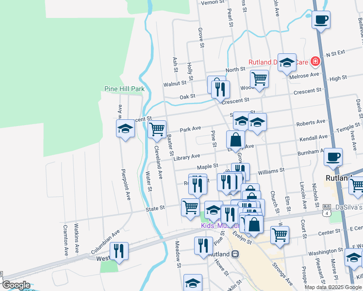 map of restaurants, bars, coffee shops, grocery stores, and more near 70 Baxter Street in Rutland