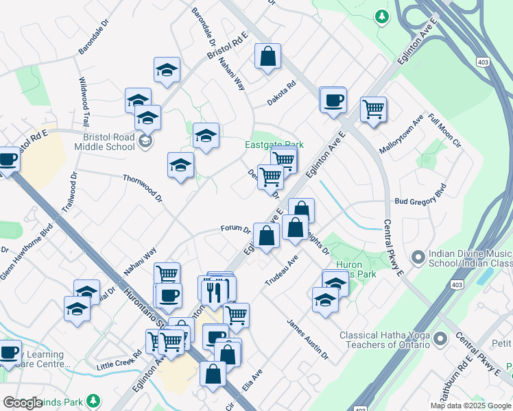 map of restaurants, bars, coffee shops, grocery stores, and more near in Mississauga