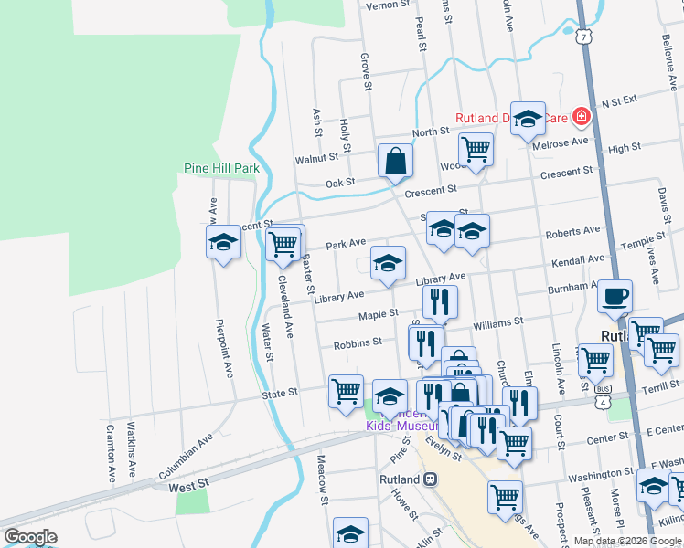 map of restaurants, bars, coffee shops, grocery stores, and more near 119 Library Avenue in Rutland