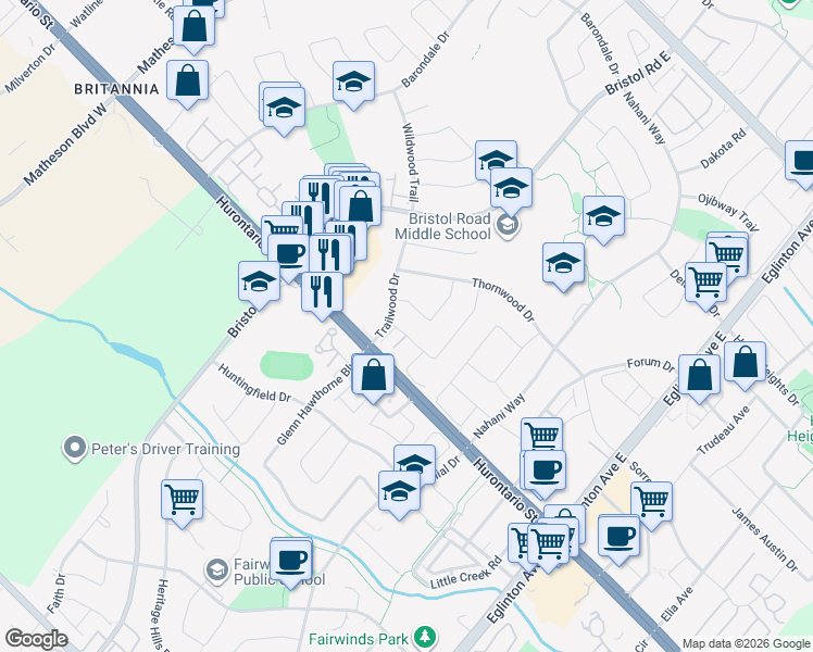map of restaurants, bars, coffee shops, grocery stores, and more near 45 Clansman Trail in Mississauga