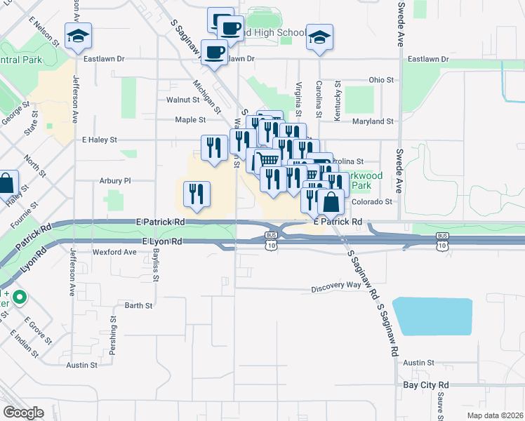 map of restaurants, bars, coffee shops, grocery stores, and more near 1001 East Patrick Road in Midland