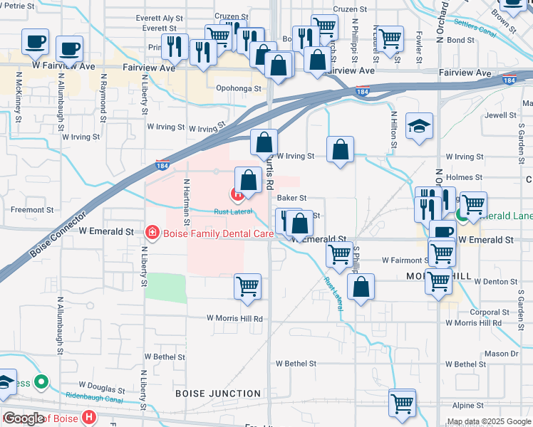 map of restaurants, bars, coffee shops, grocery stores, and more near 1055 North Curtis Road in Boise
