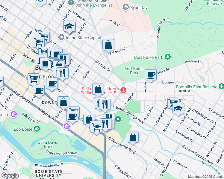 map of restaurants, bars, coffee shops, grocery stores, and more near 190 East Bannock Street in Boise