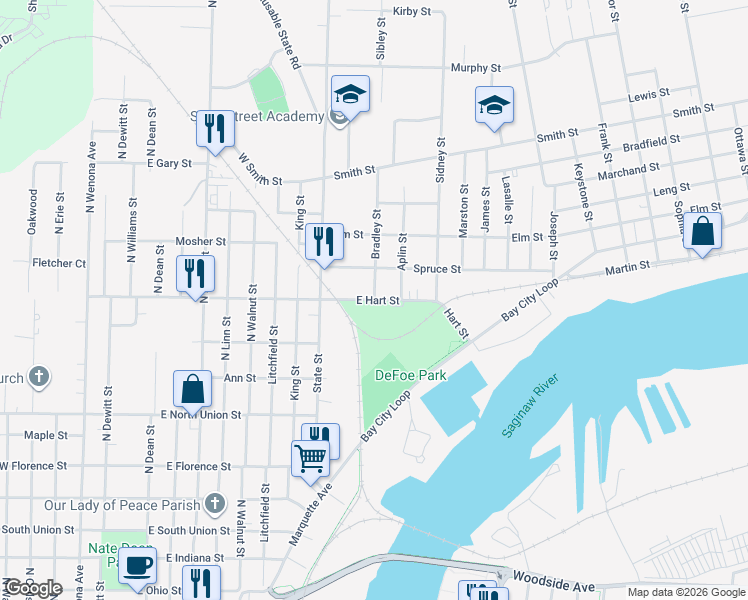 map of restaurants, bars, coffee shops, grocery stores, and more near East Hart Street in Bay City