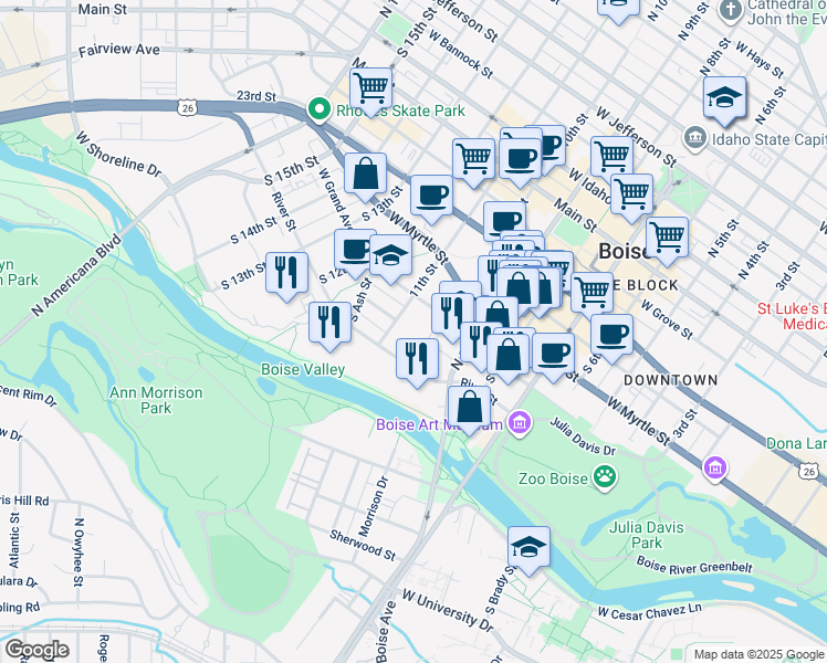 map of restaurants, bars, coffee shops, grocery stores, and more near 1050 West River Street in Boise