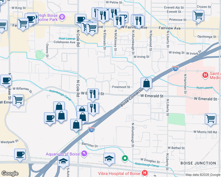 map of restaurants, bars, coffee shops, grocery stores, and more near 850 Camelot Drive in Boise