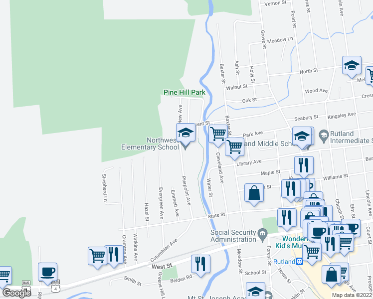 map of restaurants, bars, coffee shops, grocery stores, and more near 80 Pierpoint Avenue in Rutland