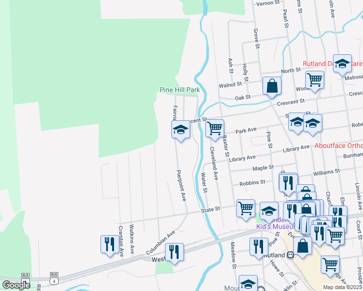map of restaurants, bars, coffee shops, grocery stores, and more near 80 Pierpoint Avenue in Rutland