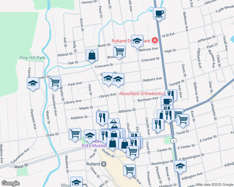 map of restaurants, bars, coffee shops, grocery stores, and more near 63 Library Avenue in Rutland