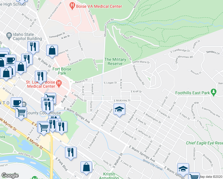map of restaurants, bars, coffee shops, grocery stores, and more near 455 North Avenue H in Boise