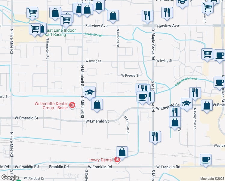 map of restaurants, bars, coffee shops, grocery stores, and more near 9464 West Rifleman Street in Boise