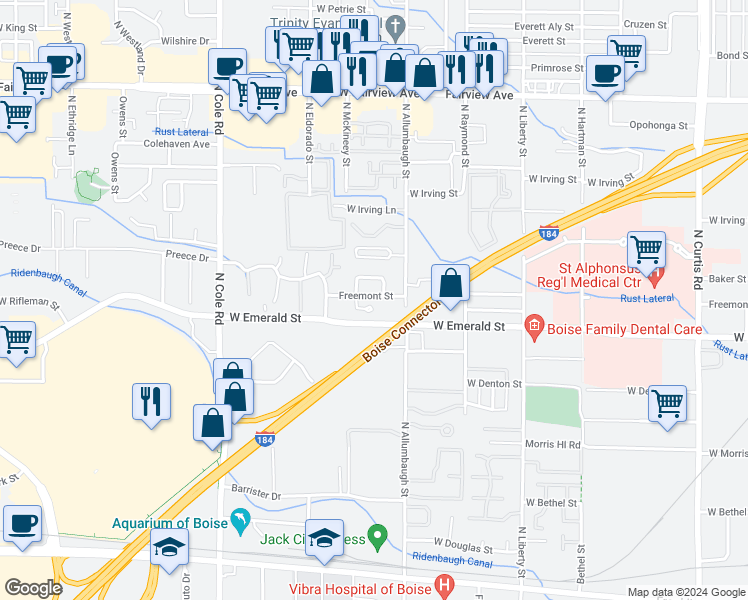 map of restaurants, bars, coffee shops, grocery stores, and more near 6901 Freemont Street in Boise
